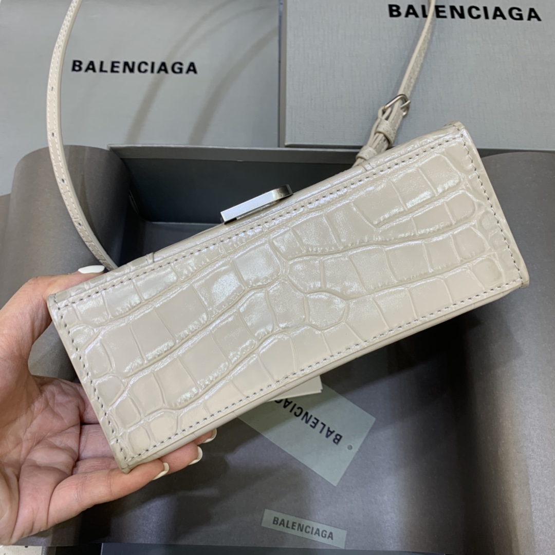 Balenciaga Hourglass XS Handbag Crocodile Embossed Shoulder Bag Light Gray